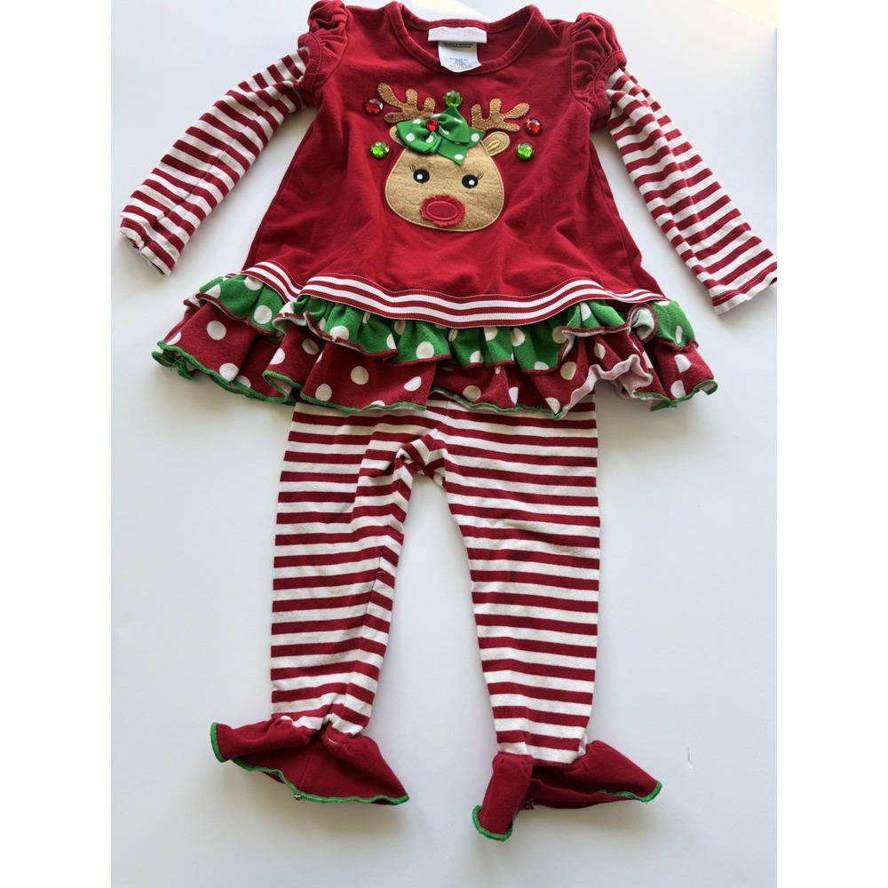 Bonnie Baby Girls 18M Reindeer Christman Outfit Striped Ruffles 2PC